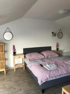 Plavecké PodhradieVaralja Apartments的一间卧室配有带粉红色枕头的床。