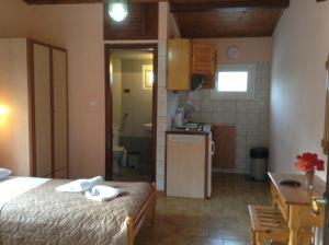 斯基亚索斯镇拉鲁一室公寓的小房间设有床和厨房