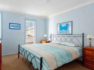 霍克斯内斯特Aquarius Apartment 7的一间卧室配有一张蓝色墙壁的床