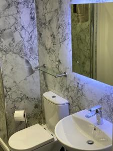 因弗内斯Adrian's Guest House的一间带卫生间、水槽和镜子的浴室