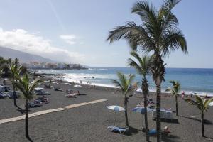 拉克鲁斯太阳假日酒店的一片种满人和棕榈树的海滩和大海