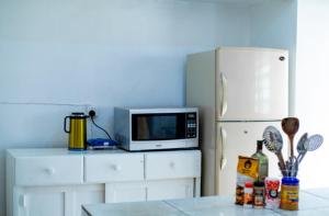基加利Judith Home FIKA CAFE的厨房配有微波炉和冰箱。