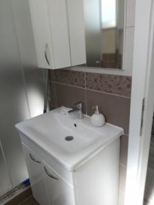 比哈奇Apartman Alma的浴室设有白色水槽和镜子