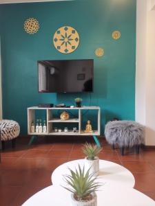 门多萨DEPARTAMENTO a 5 cuadras de la Av Aristides - Ubicacion super privilegiada的一间客厅,客厅的蓝色墙壁上配有电视