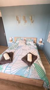 卡尔卡松L’alsace的卧室配有一张大床、毛巾和枕头