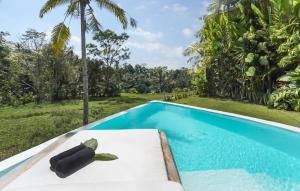 TampaksiringEco Six Bali的别墅前方的游泳池,桌子上有一个黑色物体