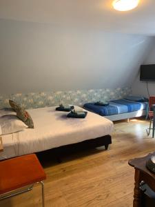 霍恩Achterom 7的一间卧室配有两张带蓝色枕头的床