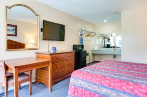 安纳海姆月光汽车旅馆的一间卧室配有一张床、一张书桌和一面镜子
