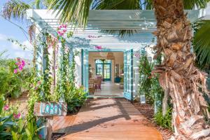 棕榈滩Boardwalk Boutique Hotel Aruba - Adults Only的种植了植物和棕榈树的房子的走廊