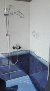 瓦尔纳Апартамент в най-хубавия квартал на Варна的浴室设有蓝色瓷砖淋浴。