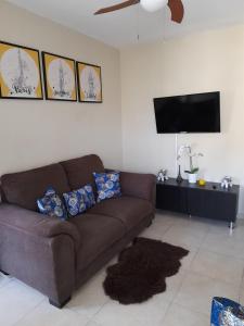 圣地亚哥洛斯卡巴Residencial Palmas De Gurabo的客厅配有棕色沙发和平面电视