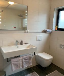 于林根-比肯多夫Ferienwohnung Klosterblick的一间带水槽、卫生间和镜子的浴室