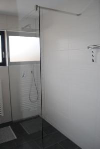于林根-比肯多夫Ferienwohnung Klosterblick的浴室里设有玻璃门淋浴