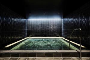 京都The Royal Park Canvas - Kyoto Nijo的游泳池位于带灯光的黑暗房间内