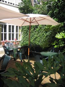 蒙达卡蒙达卡生态酒店的庭院配有遮阳伞和桌椅。