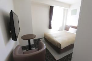 熊本Hotel New Gaea Nishi Kumamoto Ekimae的一间卧室配有一张床、一台电视和一把椅子