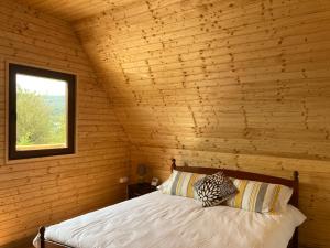 阿尔杰什河畔库尔泰亚Cabanele lu’ Dinu的木制客房的一张床位,设有窗户