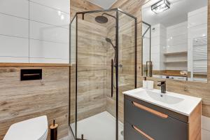 格但斯克Angielska Grobla 5 Apartinfo Apartments的带淋浴和盥洗盆的浴室