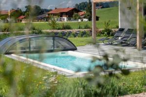 因泽尔Inzell Chalets by ALPS RESORTS的一个带椅子的庭院和房子的游泳池