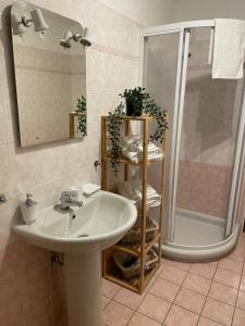 圣热尔韦莱班Belle Vue de St Gervais的一间带水槽和淋浴的浴室