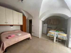 维耶斯泰Dimora Nel Borgo的一间小房间,配有两张床和厨房
