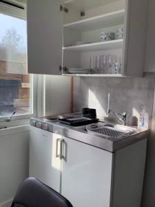 HebergCosy compact living with gym access.的一间带水槽和炉灶的小厨房