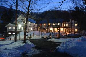 白马村Hotel Sejour Mint in Hakuba的一座建筑在晚上被雪覆盖着