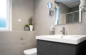 萨莫拉Zamora Suites Central的一间带水槽、卫生间和镜子的浴室