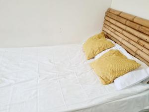 索契德普塔特斯基度假屋的白色床垫和两个黄色枕头
