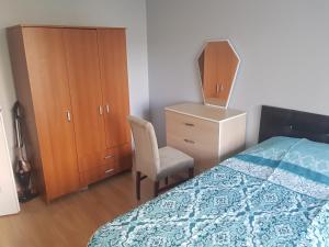 伊斯坦布尔Blue Appartment near to Istanbul new Airport的一间卧室配有一张床、一把椅子和一个梳妆台