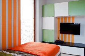 斯维诺乌伊希切Sunny Stay Apartment的一间卧室配有电视和一张带橙色枕头的床