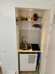 巴黎Home Sweet Home PIGALLE MONTMARTRE的小型厨房配有小冰箱内的水槽