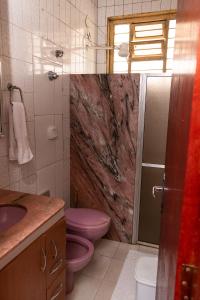 戈亚尼亚Cacau Hostel的一间带粉红色卫生间和盥洗盆的浴室
