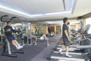 米里嘉逸豪庭酒店的两个男人在健身房锻炼机器