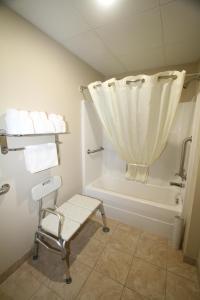 鲍曼Bowman Inn and Suites的浴室配有淋浴帘和浴缸。