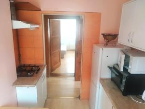 弗罗茨瓦夫Apartament przy Wrocławskim Stadionie的厨房设有橙色墙壁和白色冰箱。