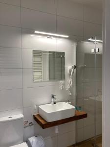 ZarszynHostel Karpacki Szymon Szczepan的白色的浴室设有水槽和淋浴。