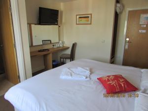 伊利Little Downham Anchor的酒店客房配有一张带红色枕头的白色床。