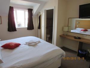 伊利Little Downham Anchor的一间卧室配有一张带红色枕头和镜子的床