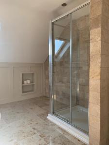 杜林Wild Atlantic Breeze Guesthouse的一间位于客房内的玻璃淋浴间的浴室
