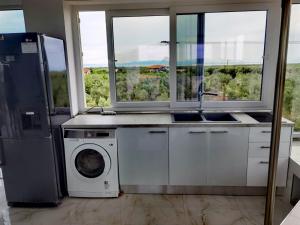 尼亚·蒙达尼亚Villa Scorpion Nea Moudania Halkidiki的厨房配有洗衣机、水槽和窗户。