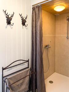 Losser4seasonshouse的墙上设有带鹿角的淋浴的浴室