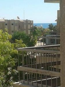 艾因苏赫纳Seaview Chalet - Ain Sokhna的树木和建筑的建筑的阳台