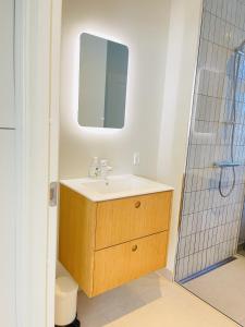 奥尔堡aday - 2 bedroom with modern kitchen and free parking的一间带水槽和镜子的浴室