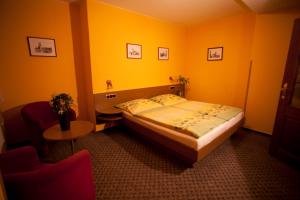 洪波莱茨乌伊希霍酒店的卧室配有1张床、1张桌子和1把椅子