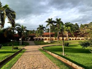 因达亚图巴波罗庄园酒店的棕榈树庭院和建筑
