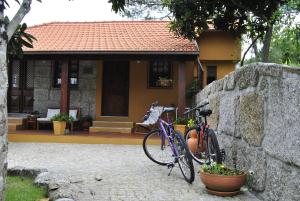 阿马兰特Leiras do Seixo - Casa dos Tinos的一辆紫色自行车停在房子前面的石墙边