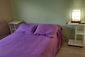 圣特雷西塔Departamento frente al mar的一张床上,床上有紫色毯子