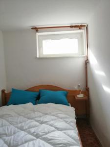 勒什Freya的一间卧室配有一张带蓝色枕头的床和一扇窗户。