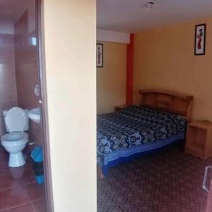 科帕卡巴纳阿雷格里港旅馆的一间卧室配有一张床,浴室设有卫生间